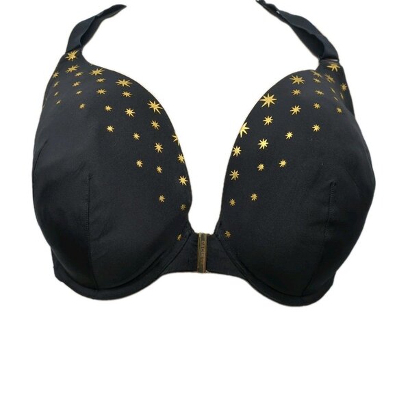 Cacique Lane Bryant Womens Bra Boost Plunge U/W Front Close 50D Black Gold Stars - Picture 3 of 8